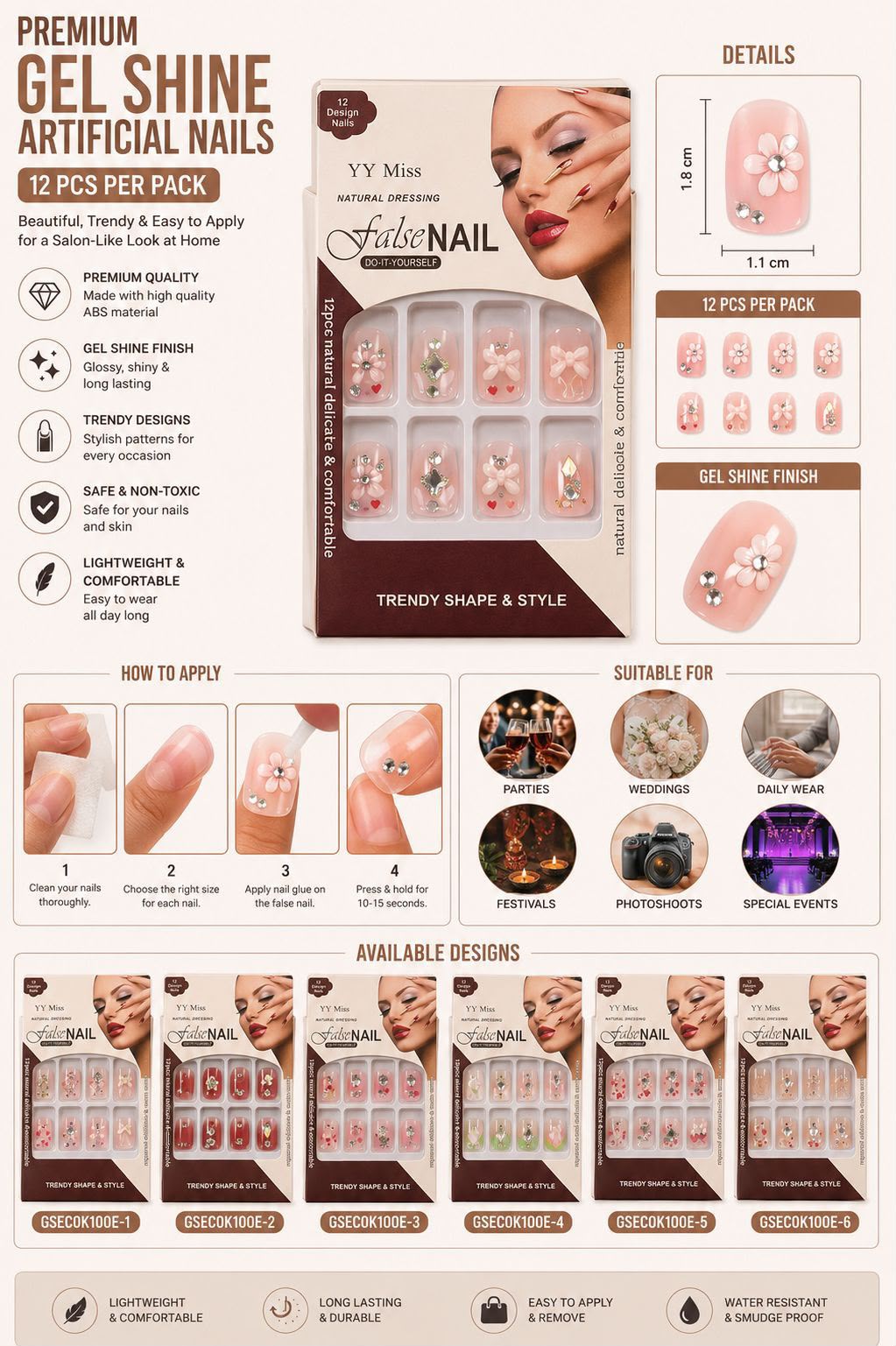 Pack of 5 Premium Gel Shine Artificial False Nails | Random Assortment Press-On Nails