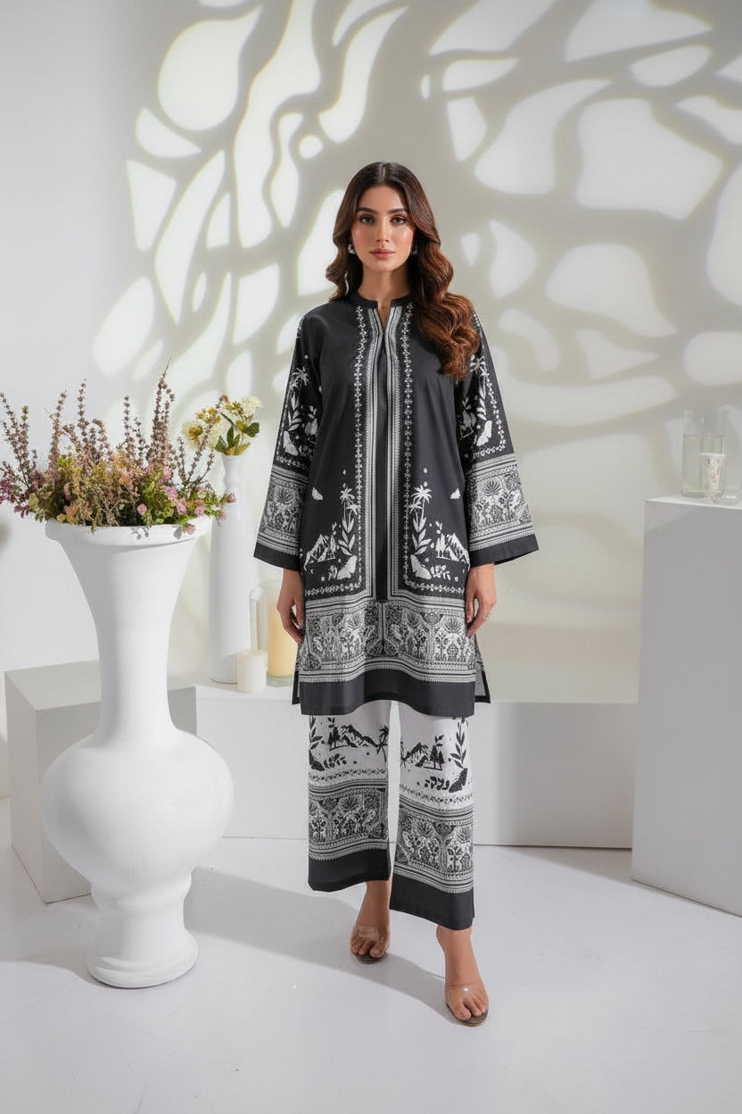 Readymade Digital Printed Doria Lawn 2-Piece Co-Ord Set – Noir & Ivory Ethnic Fusion