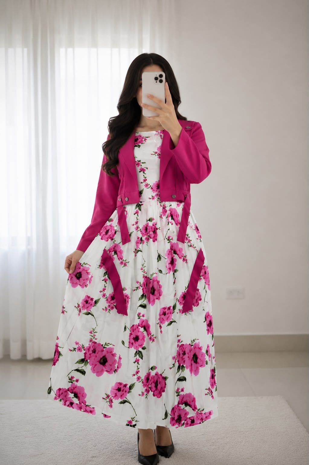 Elegant 2-Piece Floral Print Maxi Dress with Matching Cropped Jacket Set