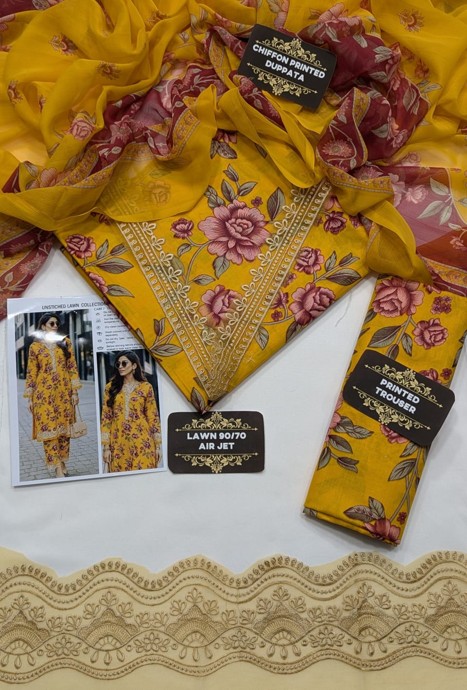 Unstitched Embroidered Mustard Floral Lawn 3 Piece Suit - Lawn Collection 2026