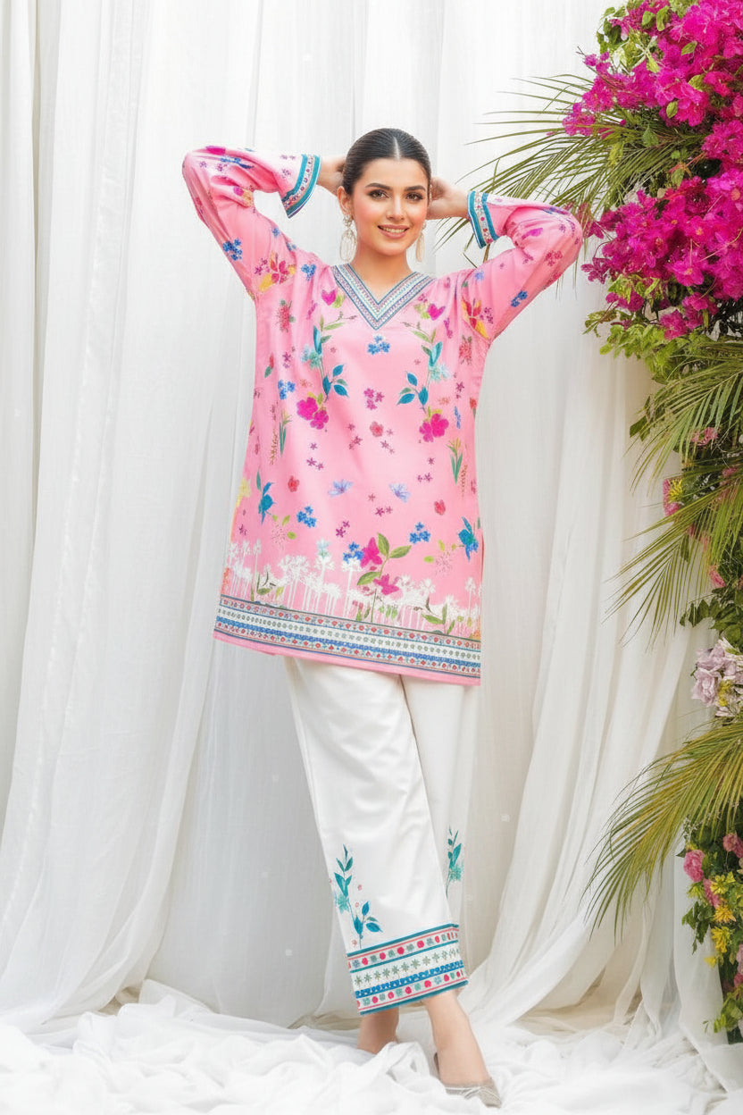 Readymade Digital Printed Doria Lawn 2-Piece Co-Ord Set – Blossom Pink & Ivory