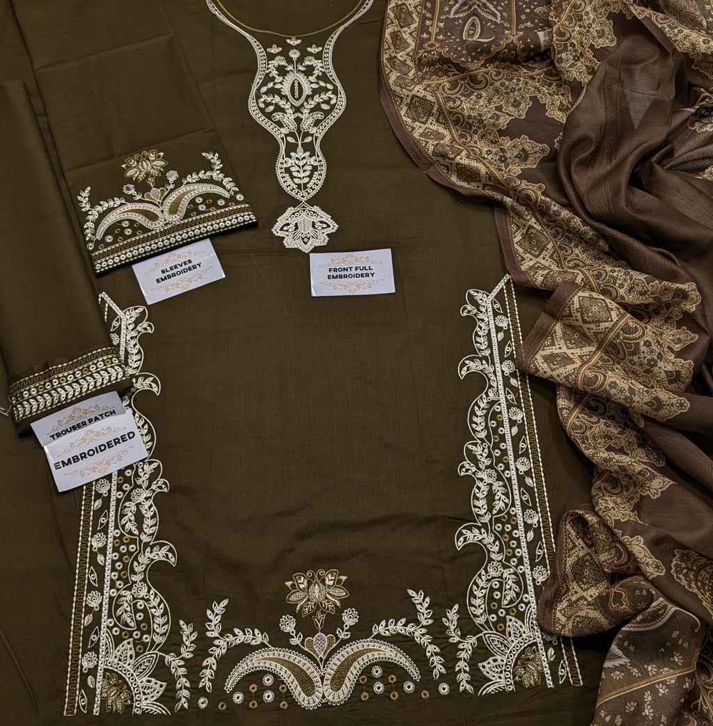 Premium Quality Heavy Embroidered Olive Brown Lawn With Monar Digital Printed Dupatta - Summer Collection 2026