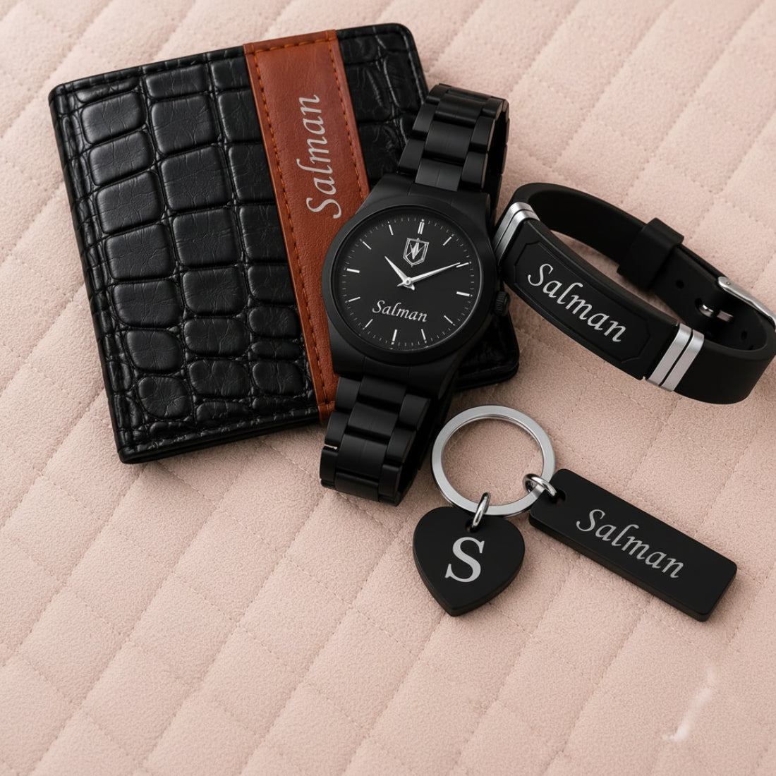 Premier Lite Customized Gift Set for Men | Personalized Wallet, Watch, Keychain & Bracelet