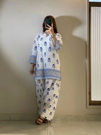Front and Back Blueberry Printed Shirt with Farshi Shalwar 2-Piece Summer Cotton Suit