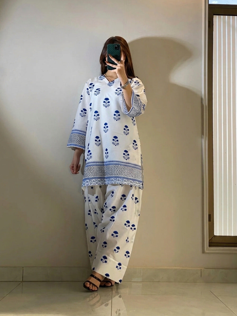 Front and Back Blueberry Printed Shirt with Farshi Shalwar 2-Piece Summer Cotton Suit