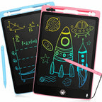 Two electronic doodle boards with pens, one pink and one blue, displaying drawings on a white background.