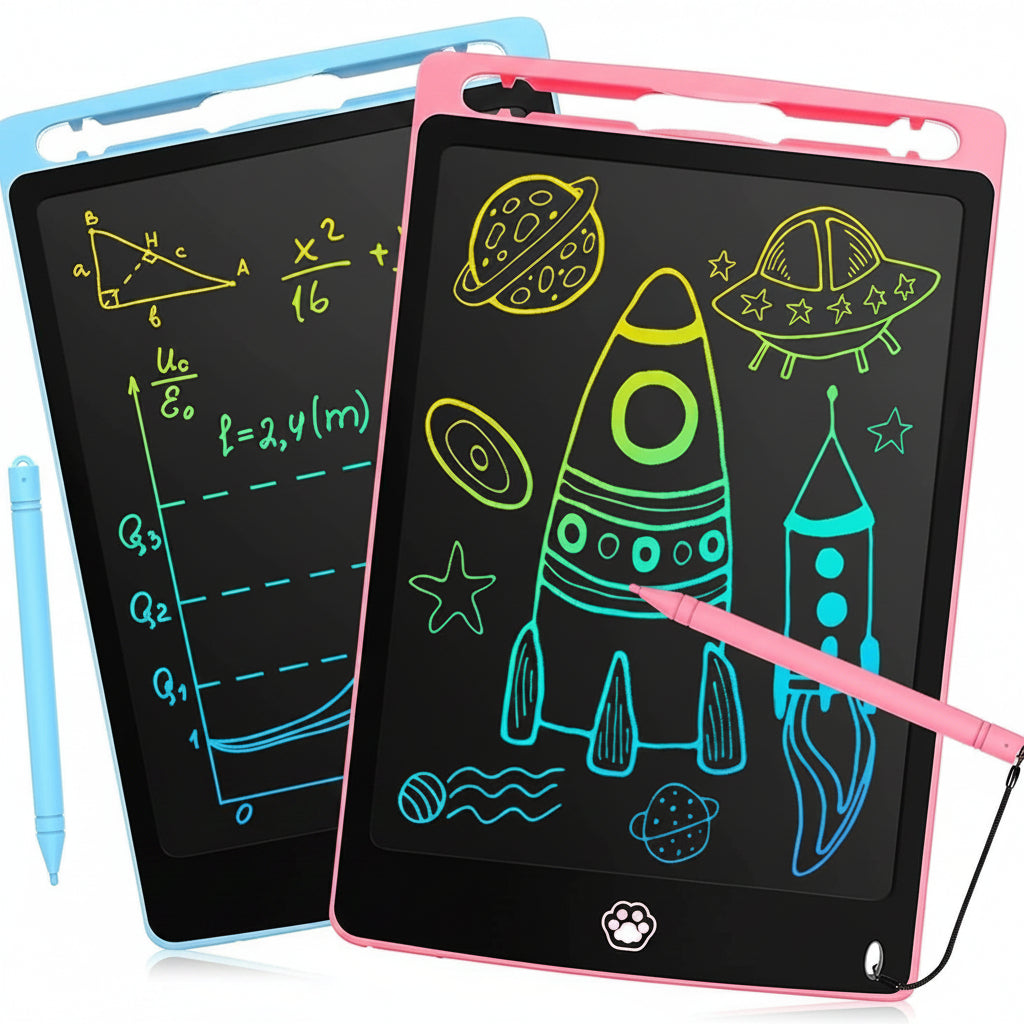 Two electronic doodle boards with pens, one pink and one blue, displaying drawings on a white background.