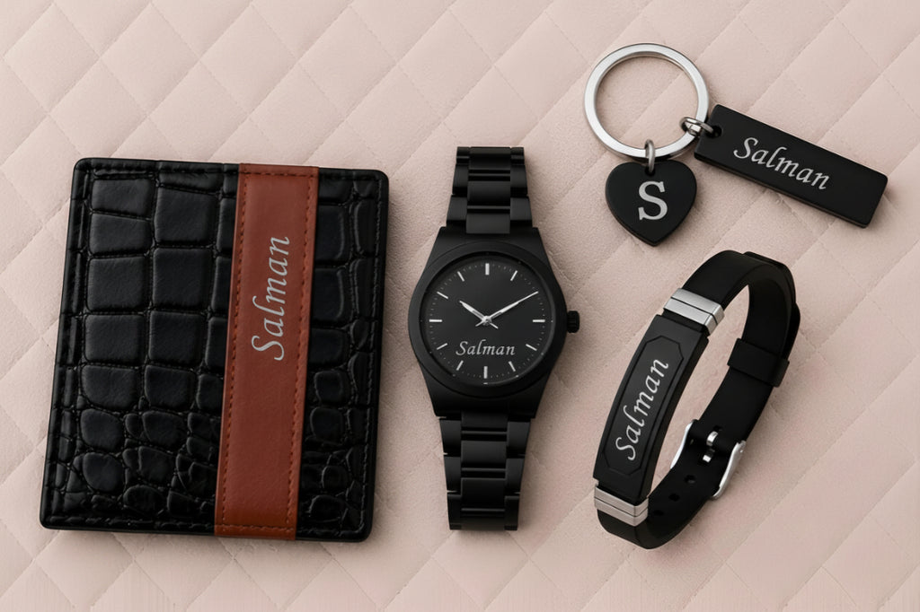 Premier Lite Customized Gift Set for Men | Personalized Wallet, Watch, Keychain & Bracelet