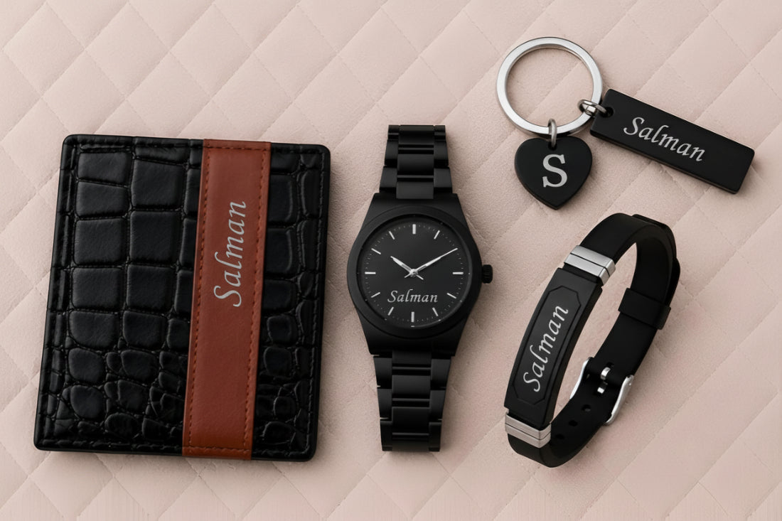 Premier Lite Customized Gift Set for Men | Personalized Wallet, Watch, Keychain & Bracelet