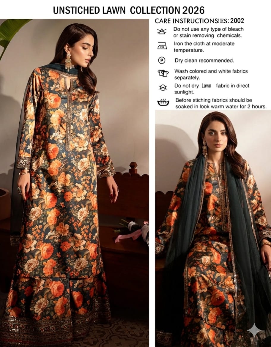 Luxury Unstitched Embroidered Black Floral Lawn Dress With Premium Chiffon Dupatta | Summer 2026