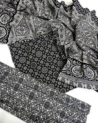 Traditional Allover Print Black & white Ajrak Cotton 3-Piece Unstitched Suit | Cultural Sindhi Print Dress