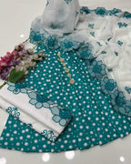Elegant Polka Dot Cotton Lawn 3pc Suit with Cut-Work Embroidered Chiffon Dupatta