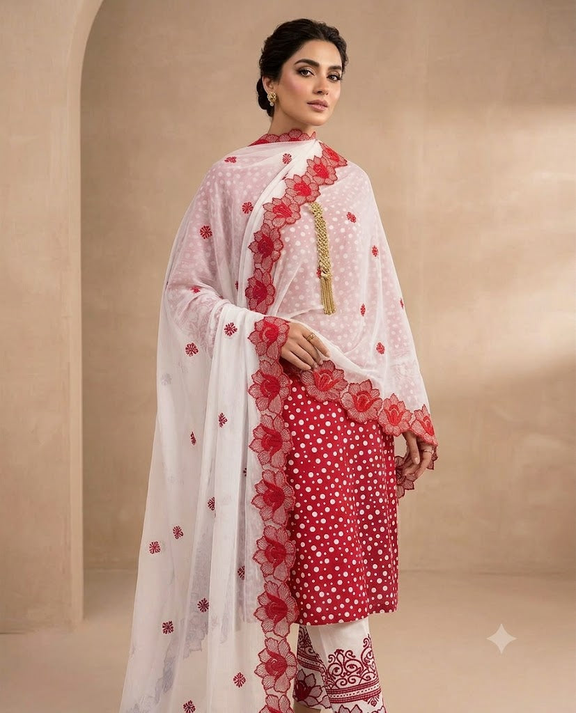 Elegant Polka Dot Cotton Lawn 3pc Suit with Cut-Work Embroidered Chiffon Dupatta