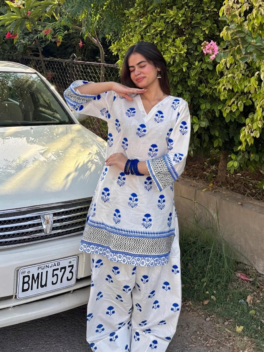 Front and Back Blueberry Printed Shirt with Farshi Shalwar 2-Piece Summer Cotton Suit