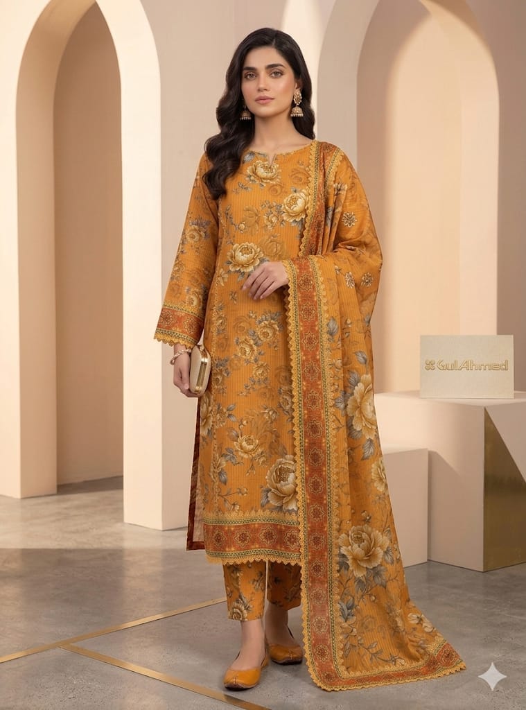 Luxury Digital Printed Bana Dora 3 Piece Suit – Premium Soft Mustard Floral Summer Collection 2026