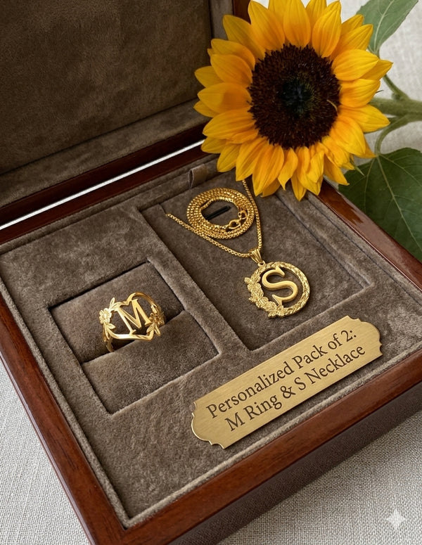 Pack of 2 Customise Initial Ring & Name Locket – Gold-Plated Personalised Jewellery Set