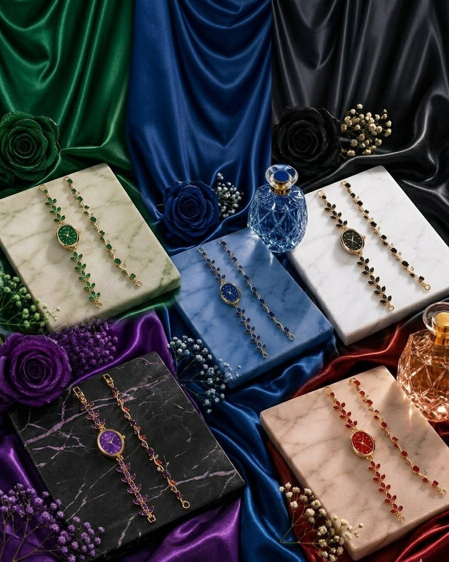 Luxury Gift Set for Her: Stone Watch & Tulip Hand Bracelets