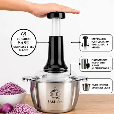 Premium 2.0L Meat and Vegetable Push Chopper with Stainless Steel Bowl - 4 Sharp Blades