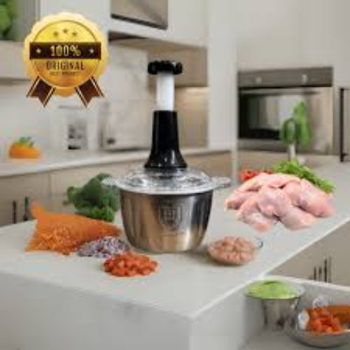 Premium 2.0L Meat and Vegetable Push Chopper with Stainless Steel Bowl - 4 Sharp Blades