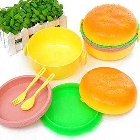 Cute 3-Layer Hamburger Shape Kids Lunch Box with Spoon & Fork – Multi-Tier Portable Bento Box