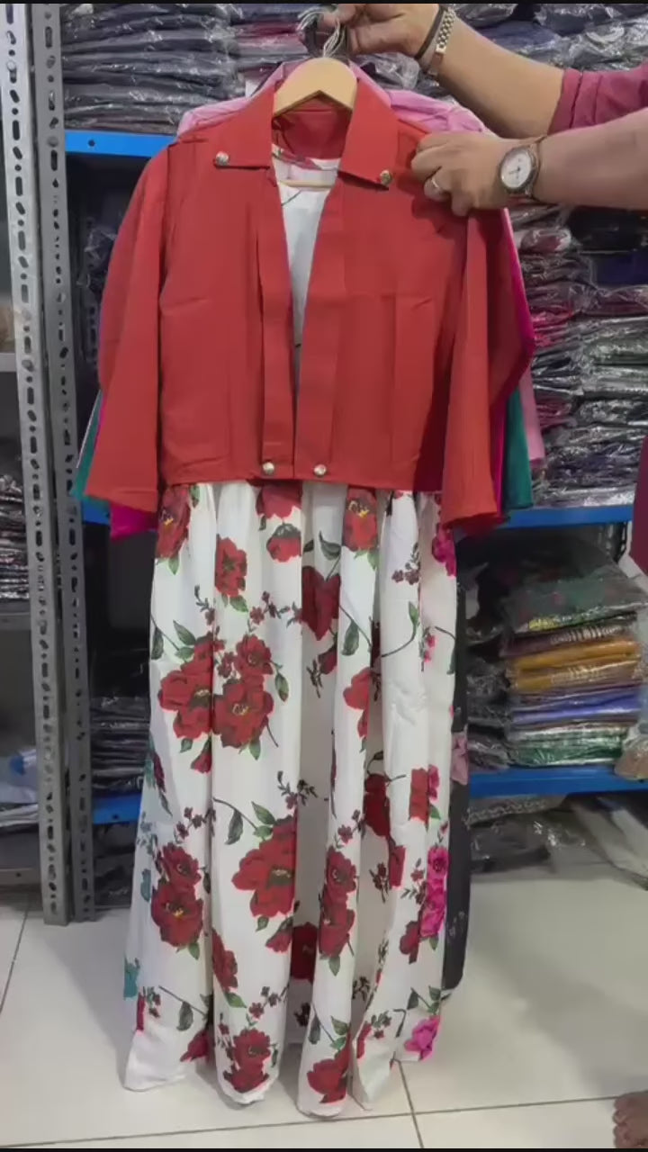 Elegant 2-Piece Floral Print Maxi Dress with Matching Cropped Jacket Set