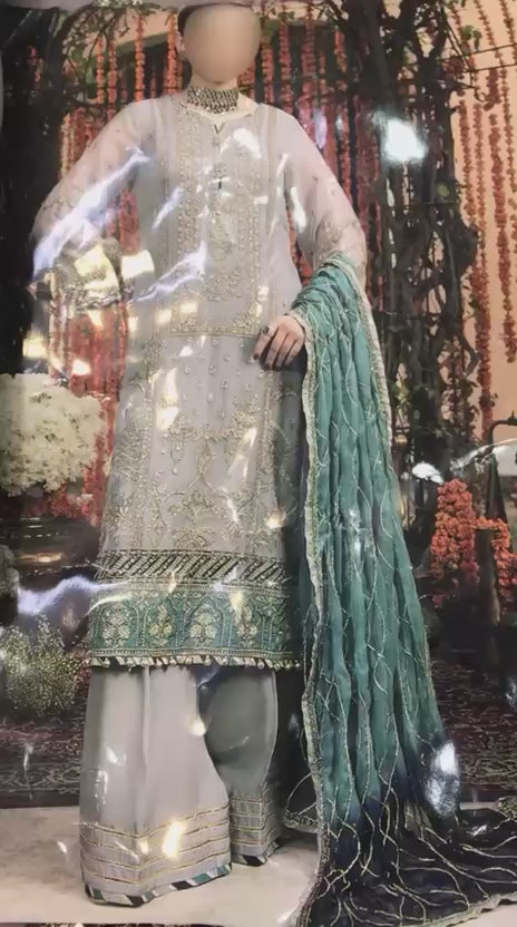 Heavy Embroidered Chiffon Suit with Pearl Work & Tie-Dye Dupatta – Unstitched