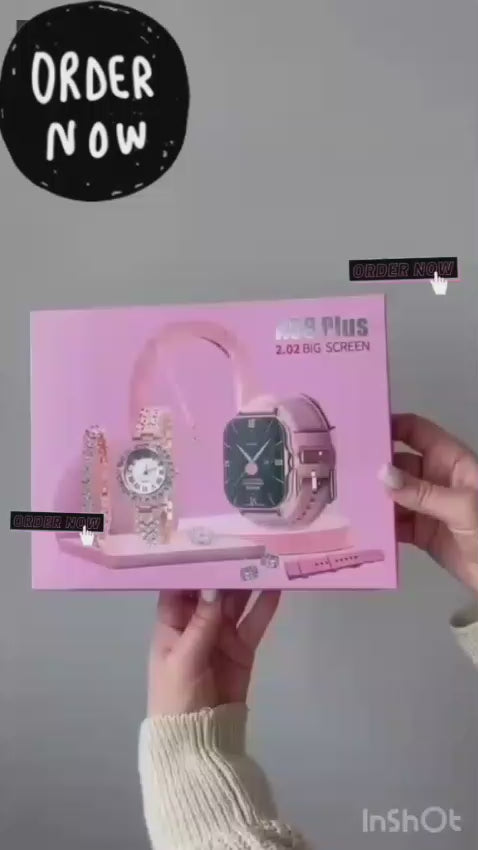 A58 Plus 8-in-1 Premium Ladies Gift Set - Smartwatch, Analogue Watch & Jewelry Combo for Girls