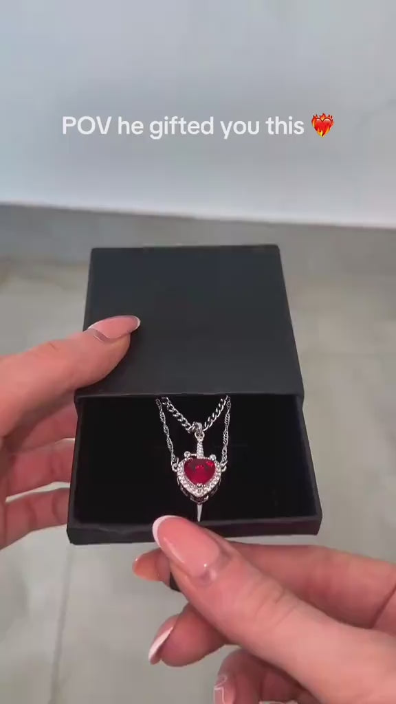 Red Zircon Heart Sword Pendant Couple Necklace Titanium Steel