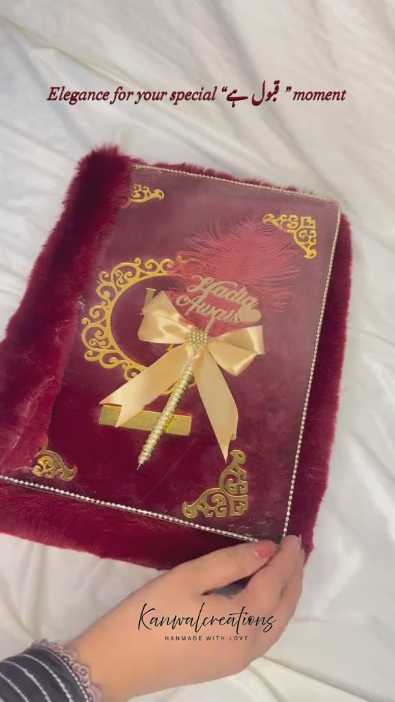 Luxury Maroon Fur Nikkah Booklet Set with Customized Names, Nikkah Pen & Keepsake Box