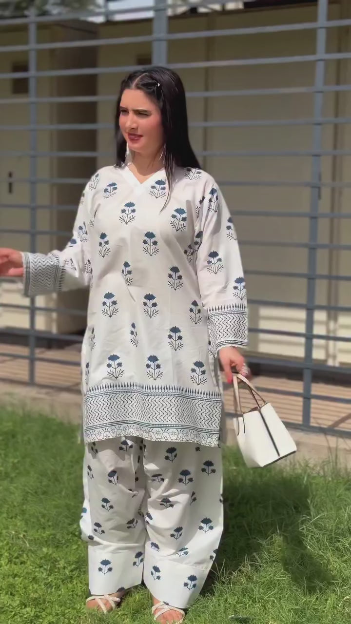 Front and Back Blueberry Printed Shirt with Farshi Shalwar 2-Piece Summer Cotton Suit