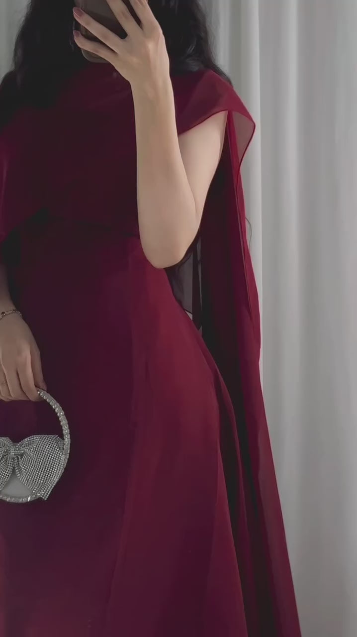 Ready to Wear Cape Maxi Chiffon Dress in Maroon & Brown