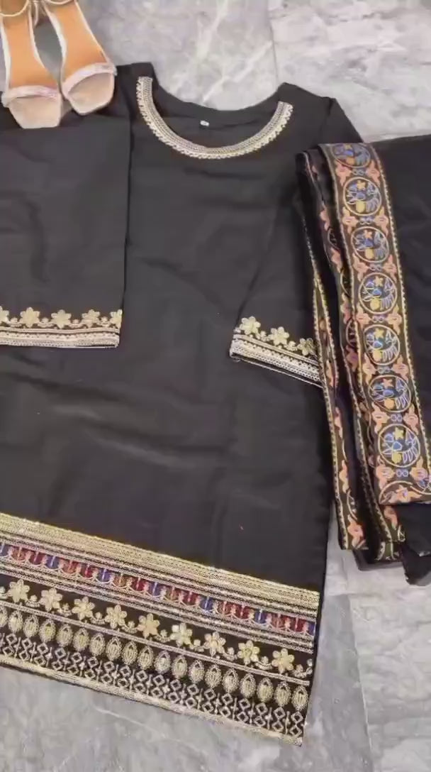 Ready to Wear Sequence Zari Embroidered Shamose Silk Short Shirt with Garara & Organza Dupatta 3-Piece