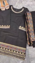 Ready to Wear Sequence Zari Embroidered Shamose Silk Short Shirt with Garara & Organza Dupatta 3-Piece