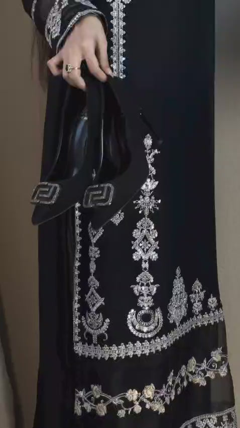 Elegant Embroidered Chiffon Ready to Wear 3-Piece Suit with Silk Flapper