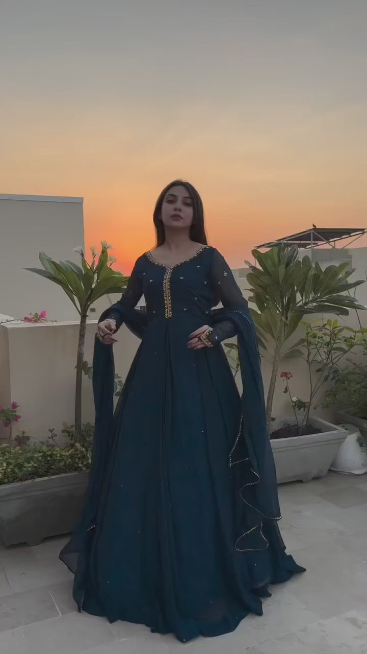 Ready to Wear Embroidered with Pearls Attached Long Maxi with Lace Work Chiffon Dupatta 3-Piece Set