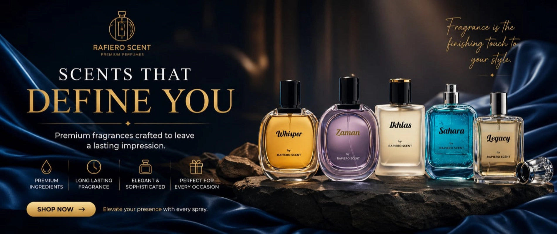 Collection of perfume bottles with a dark background and text about premium fragrances.